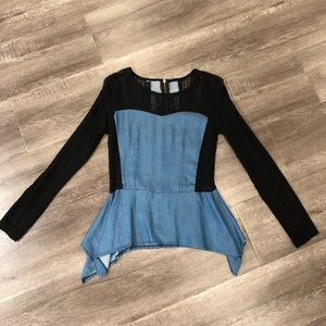 Ssemienne Chambray & Black Lace Peplum Top - image 1